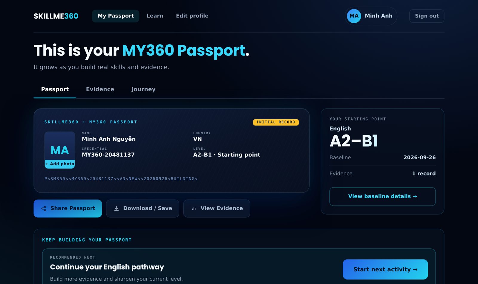A MY360 Passport on SkillMe360 showing a starting level of A2–B1