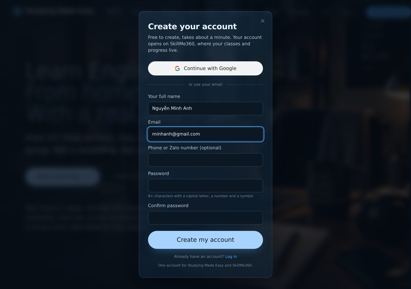 The sign-up form: name, email, phone, password