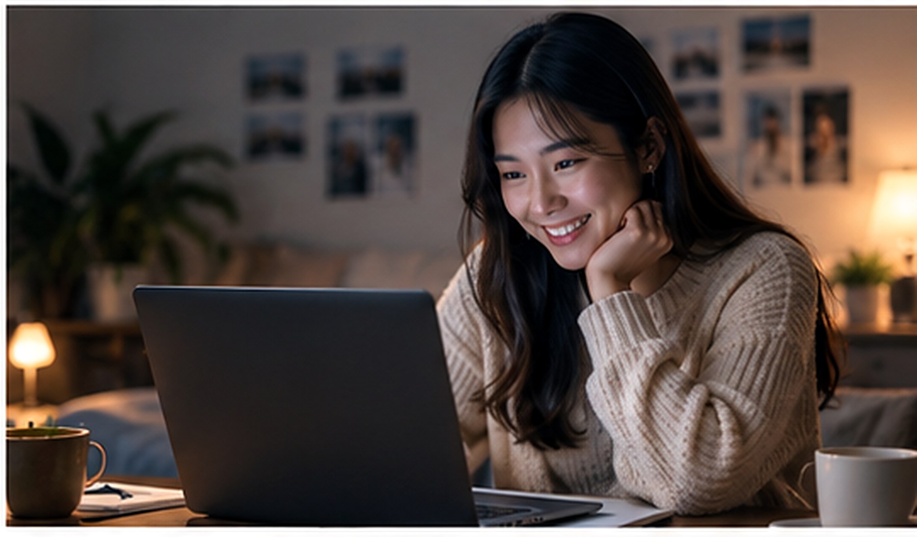 A student taking an English class at home on a laptop
